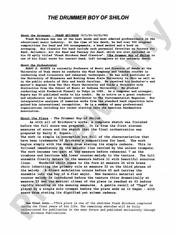 The Drummer Boy of Shiloh Concert Band Conductor Score & Parts