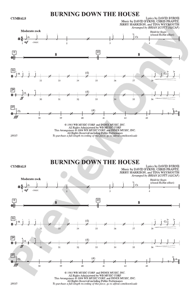 Burning Down the House Cymbals Cymbals Part Digital Sheet Music