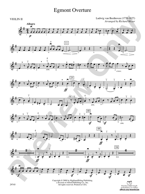 Egmont Overture: 2nd Violin: 2nd Violin Part - Digital Sheet Music Download