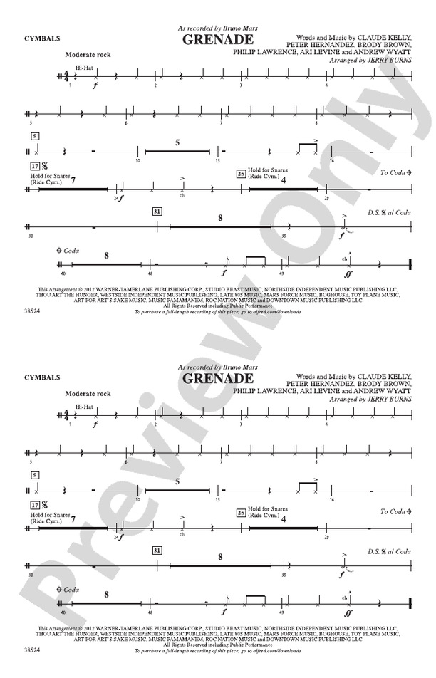 Grenade Cymbals Cymbals Part Digital Sheet Music Download