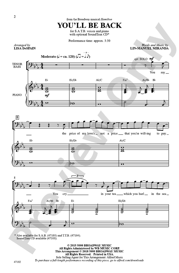You'll Be Back: SATB Choral Octavo: Lin-Manuel Miranda - Digital Sheet ...