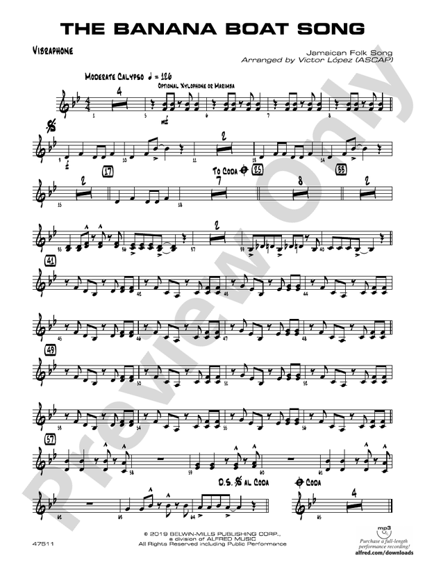 The Banana Boat Song Vibraphone Vibraphone Part Digital Sheet Music