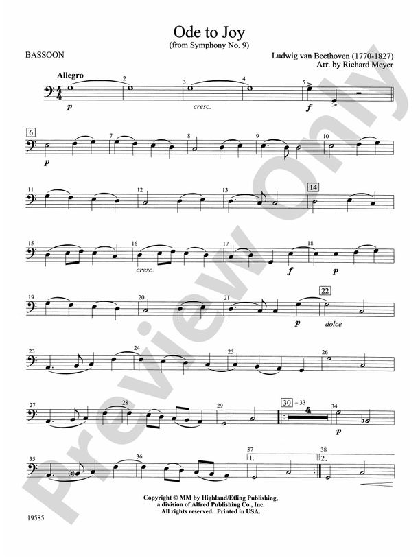 Ode to Joy from Symphony No. 9 Bassoon Bassoon Part Digital Sheet