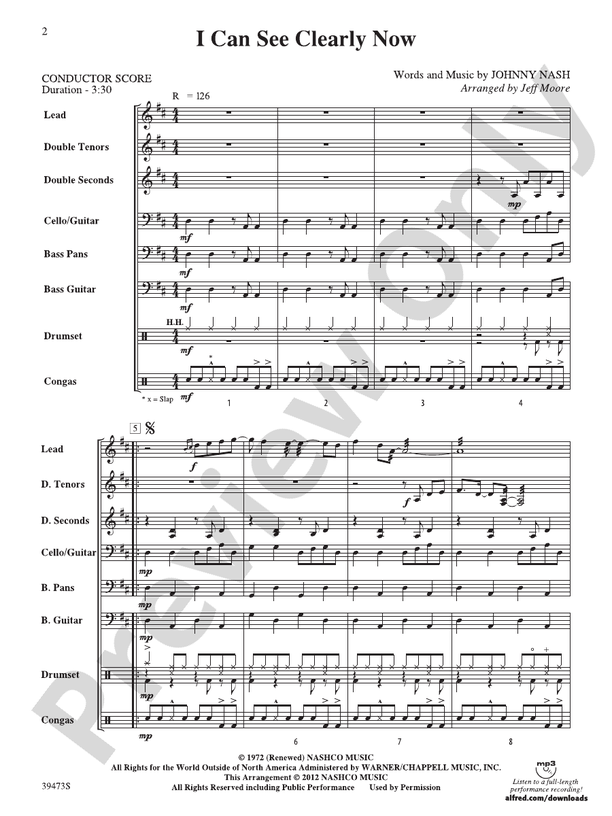 I Can See Clearly Now Steel Drum Conductor Score & Parts Johnny Nash