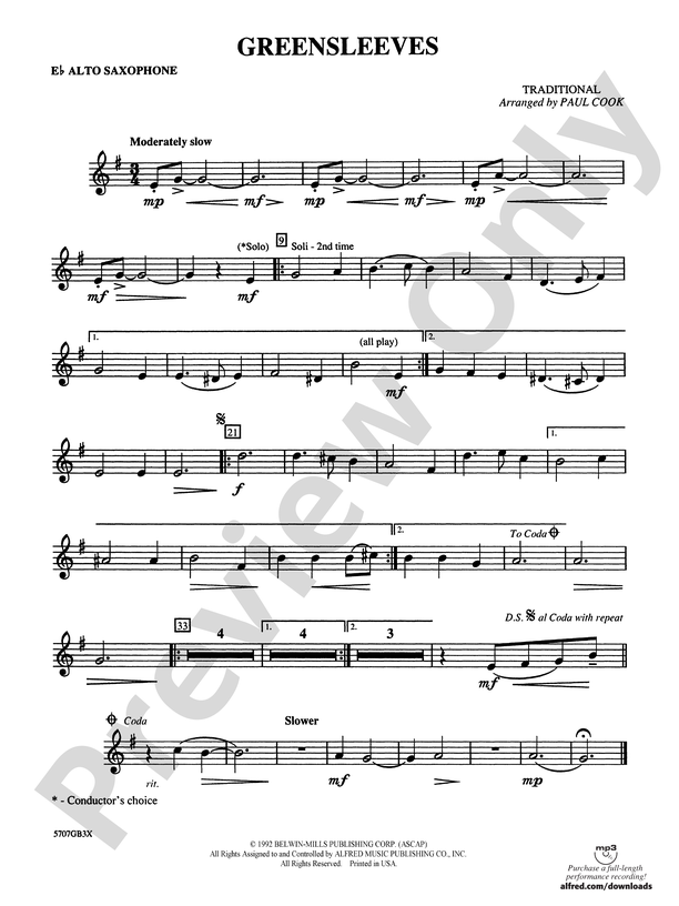 Greensleeves E Flat Alto Saxophone E Flat Alto Saxophone Part Digital Sheet Music Download 9348