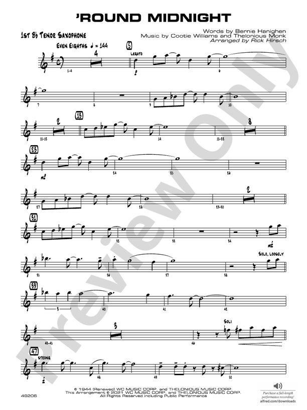 'Round Midnight: B-flat Tenor Saxophone: B-flat Tenor Saxophone Part ...