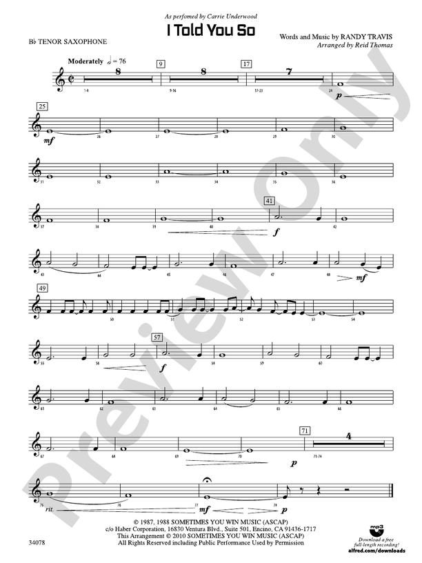 I Told You So Bflat Tenor Saxophone Bflat Tenor Saxophone Part