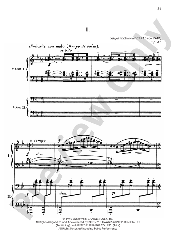 Symphonic Dances, Opus 45 - II. Andante con moto - Piano Duo (2 Pianos, 4 Hands)