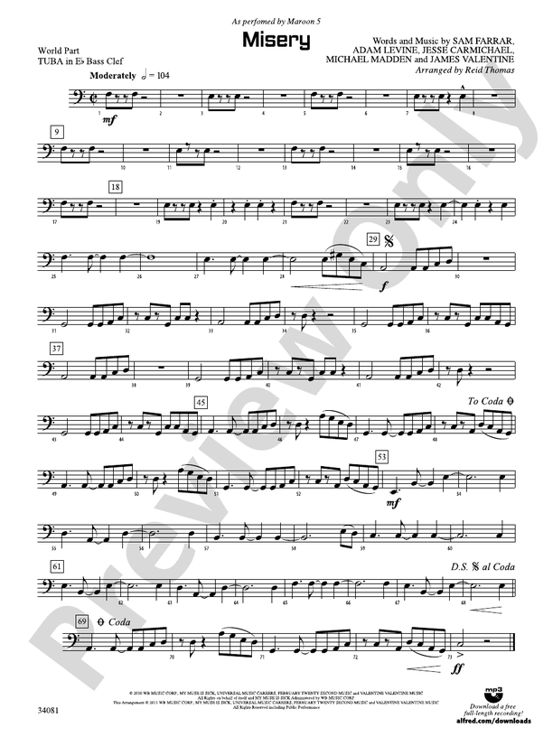 Misery: (wp) B-flat Tuba B.C.: (wp) B-flat Tuba B.C. World Part - Digital  Sheet Music Download