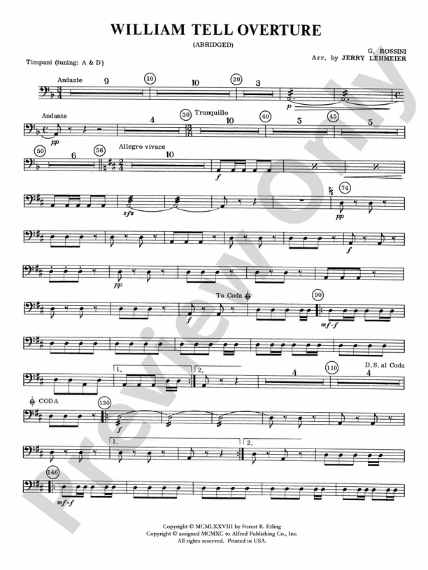 William Tell Overture Timpani Timpani Part Digital Sheet Music Download