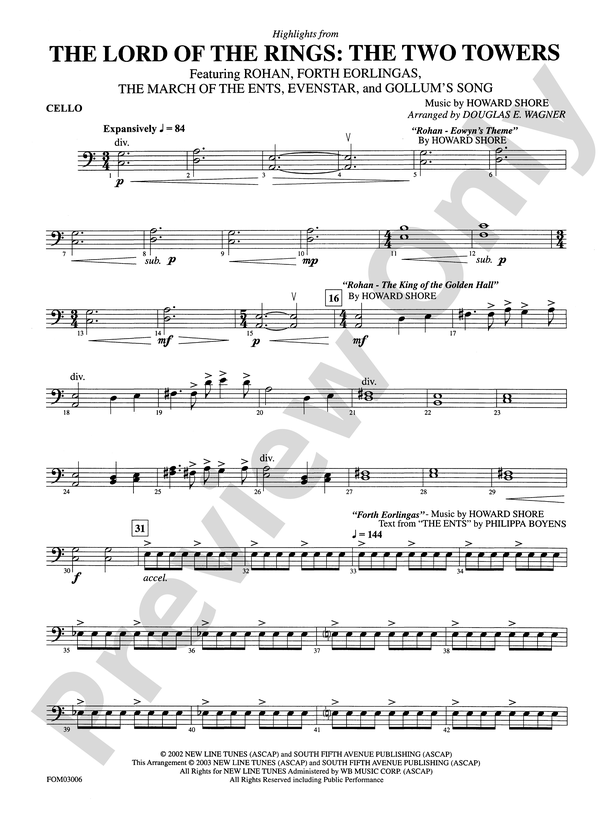 The Lord of the Rings: The Two Towers, from: Cello Part Sheet Music Download