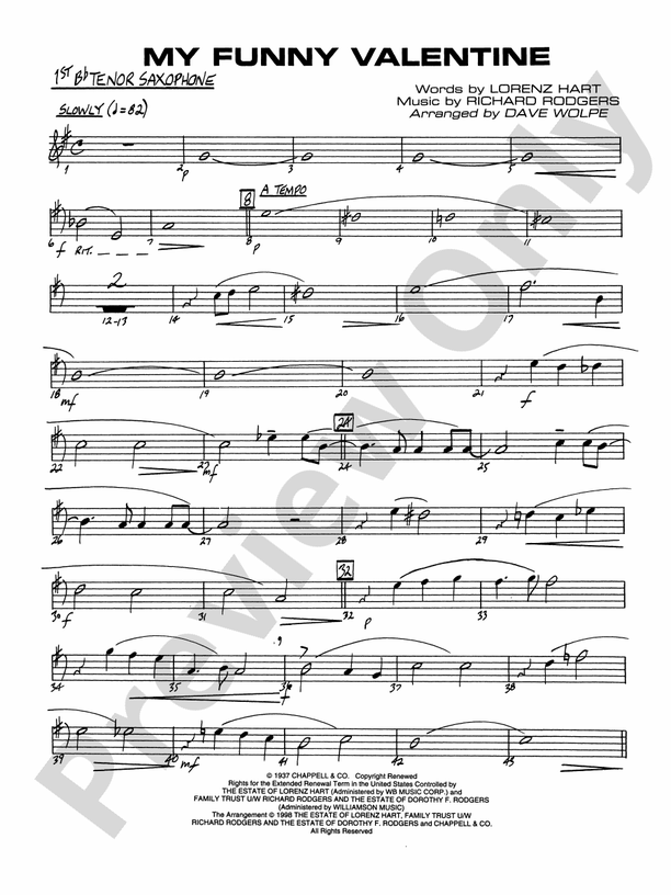 My Funny Valentine Bflat Tenor Saxophone Bflat Tenor Saxophone Part
