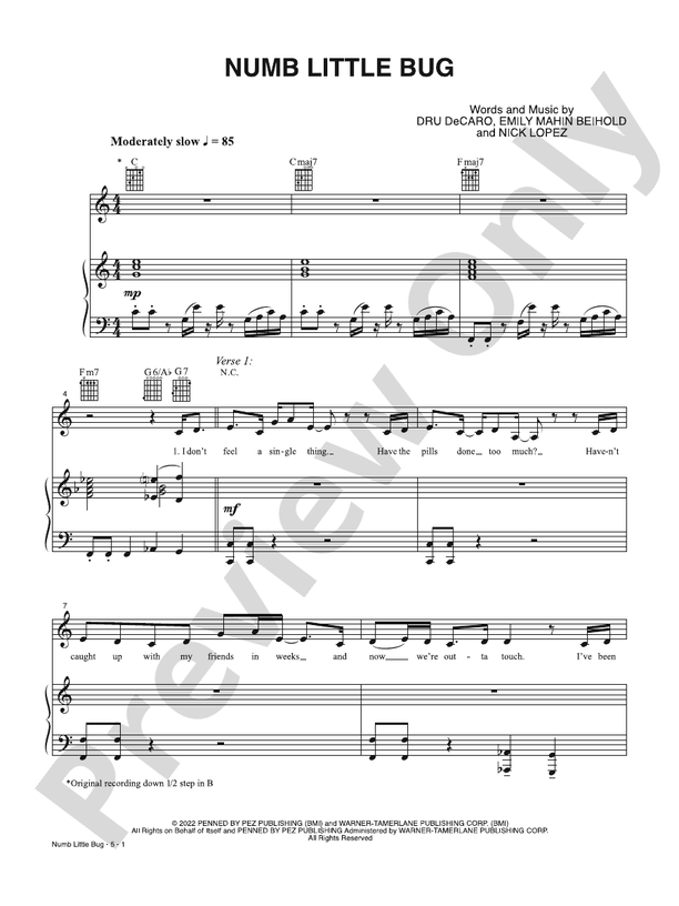 Numb Little Bug Piano/Vocal Dru Decaro Digital Sheet Music Download