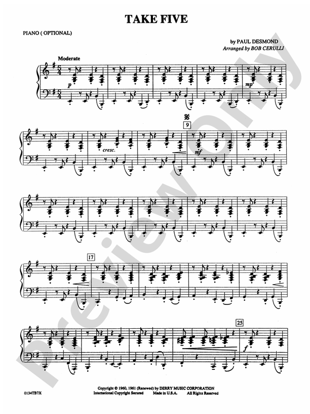 Take Five Piano Accompaniment Piano Accompaniment Part Digital Sheet Music Download 9350