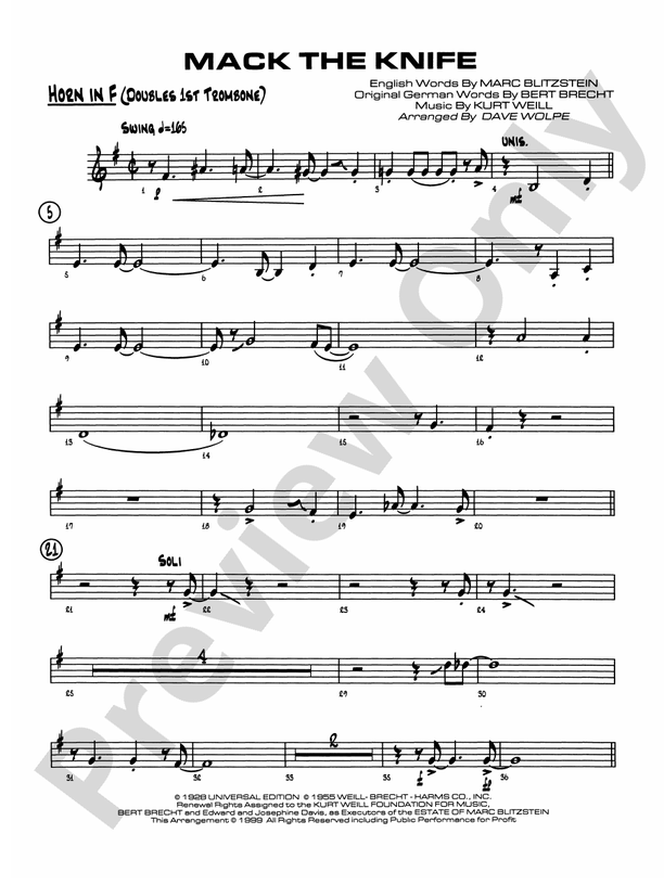 Mack the Knife (from The Threepenny Opera) 1st F Horn 1st F Horn Part Digital Sheet Music