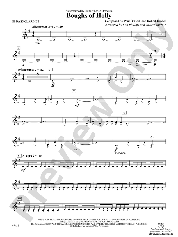 Boughs Of Holly B Flat Bass Clarinet B Flat Bass Clarinet Part Digital Sheet Music Download 