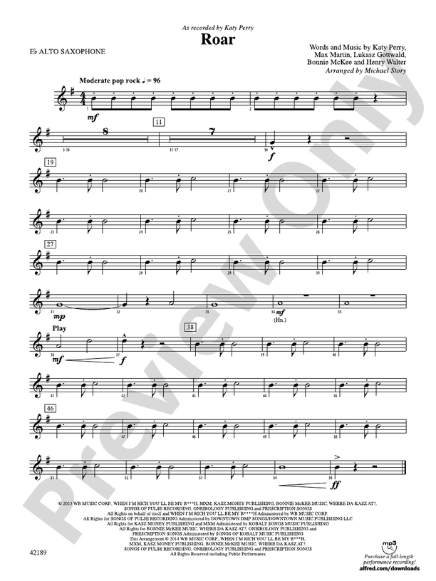 Roar Eflat Alto Saxophone Eflat Alto Saxophone Part Digital Sheet Music Download