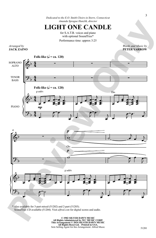 Bell Book & Candle Rescue Me Lyrics Light One Candle: SATB Choral Octavo: Peter Yarrow - Digital Sheet