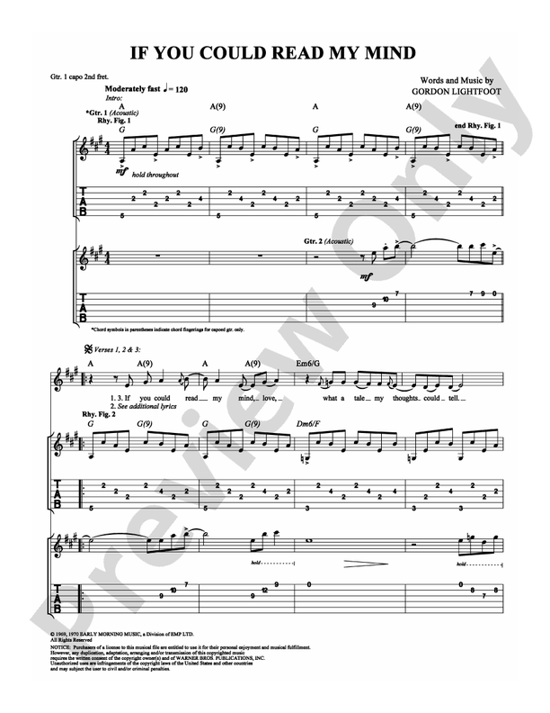 If You Could Read My Mind Guitar TAB Gordon Lightfoot Digital Sheet Music Download