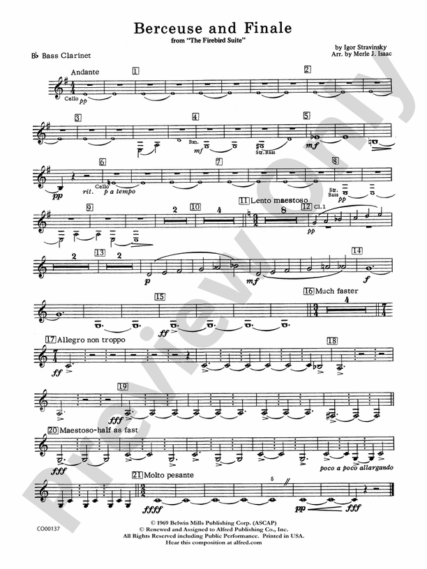 Berceuse And Finale From The Firebird Suite B Flat Bass Clarinet B