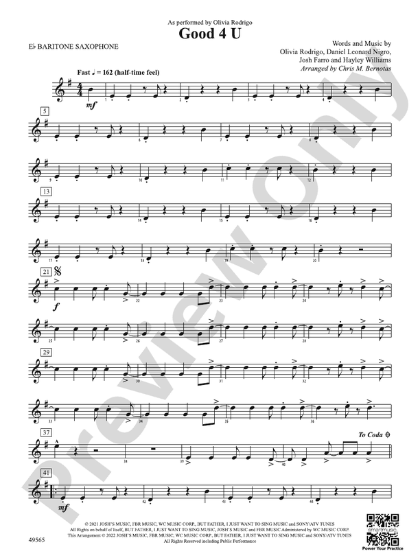 Good 4 U Eflat Baritone Saxophone Eflat Baritone Saxophone Part