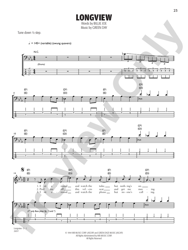 Green Day Longview Bass Tab in E Major - Download & Print - SKU