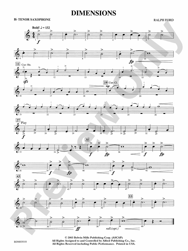 Dimensions Bflat Tenor Saxophone Bflat Tenor Saxophone Part