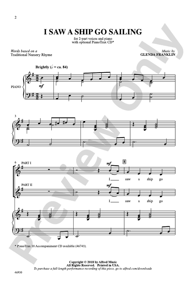 I Saw a Ship Go Sailing 2Part Choral Octavo Glenda Franklin