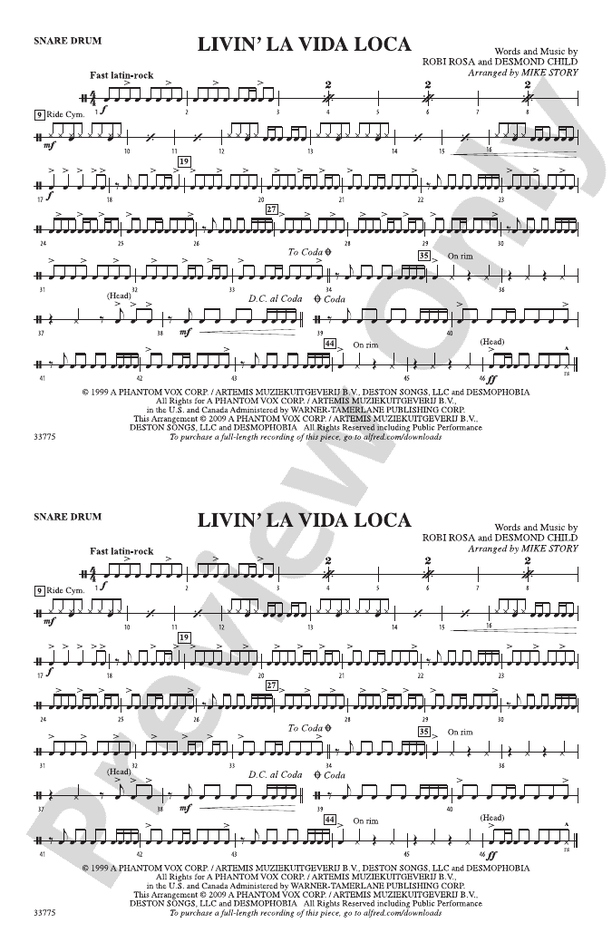 Livin' La Vida Loca: Snare Drum: Snare Drum Part - Digital Sheet Music ...