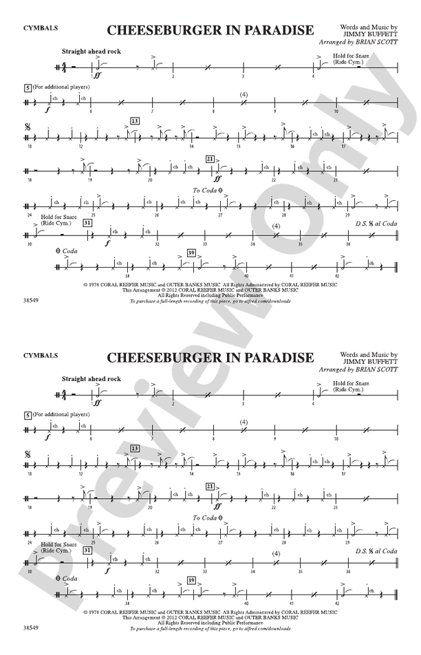 Cheeseburger in Paradise Cymbals Cymbals Part Digital Sheet Music