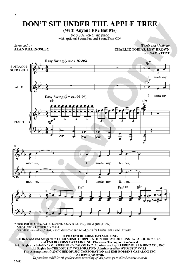 Dont Sit Under The Apple Tree Ssa Choral Octavo Charlie Tobias Digital Sheet Music Download 0969