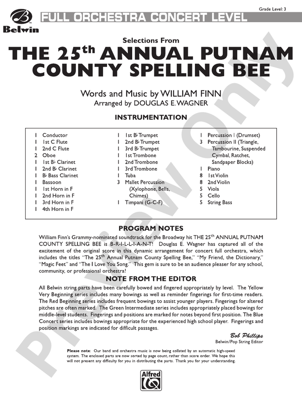The 25th Annual Putnam County Spelling Bee,™ Selections from