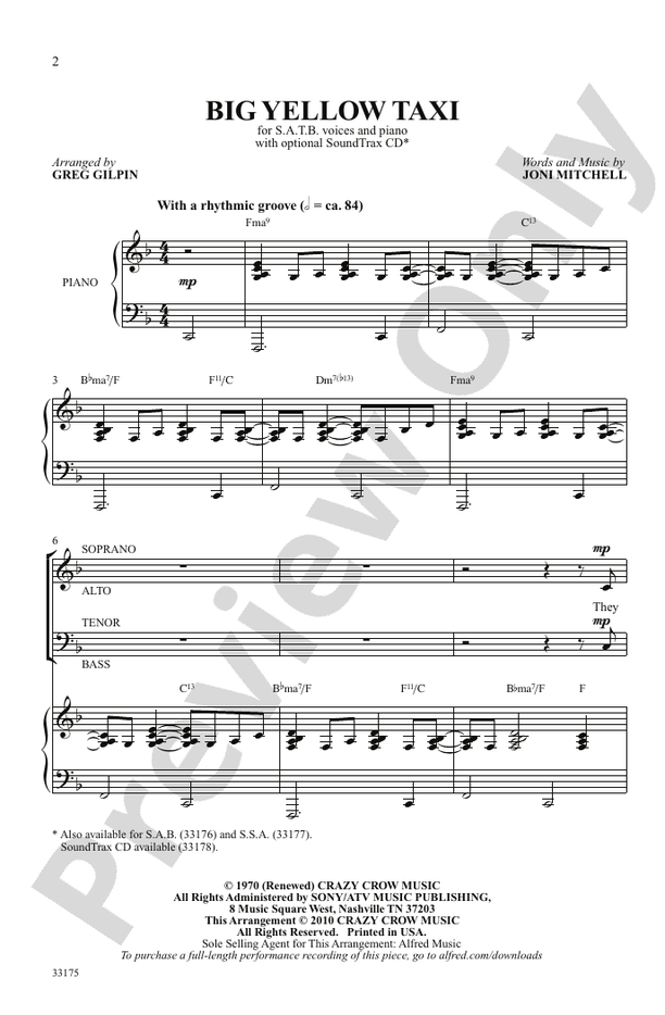 Big Yellow Taxi: SATB Choral Octavo: Joni Mitchell - Digital Sheet ...