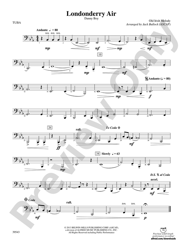 Londonderry Air Tuba Tuba Part Digital Sheet Music Download