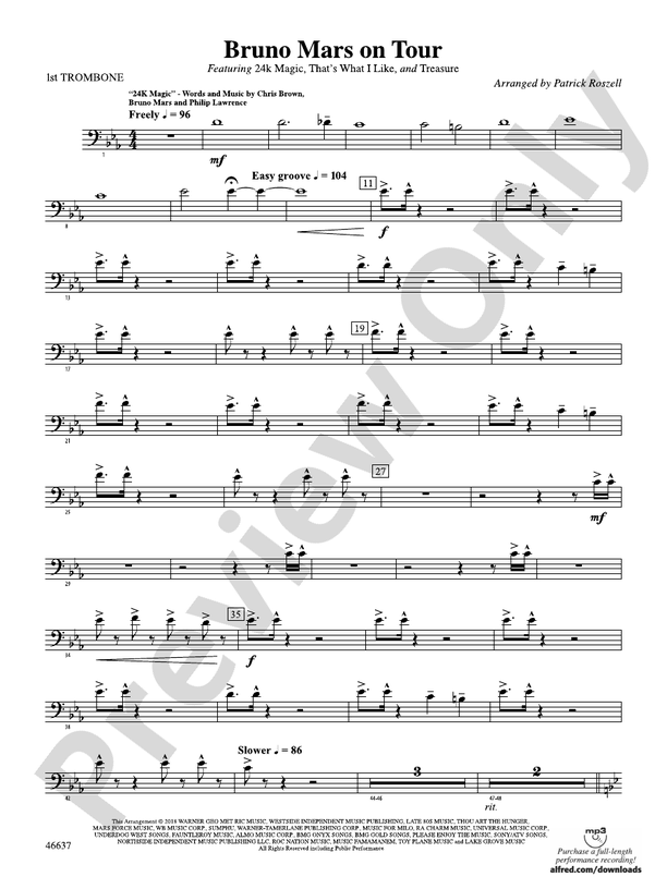 Bruno Mars on Tour 1st Trombone 1st Trombone Part Digital Sheet
