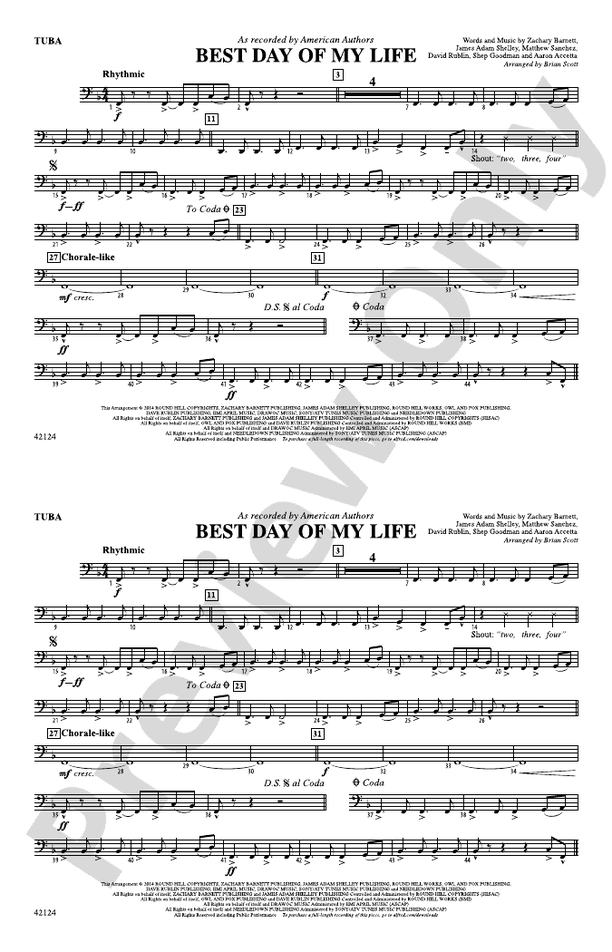 Best Day of My Life Tuba Tuba Part Digital Sheet Music Download