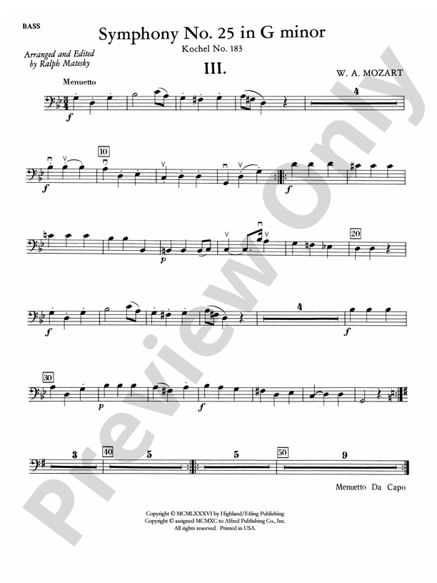 Mozart's Symphony No. 25 in G Minor, 3rd & 4th Movements String Bass
