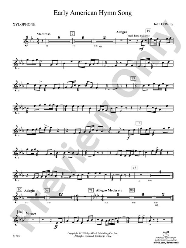Early American Hymn Song Xylophone Xylophone Part Digital Sheet