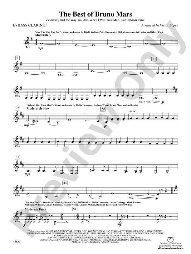 The Best Of Bruno Mars B Flat Bass Clarinet B Flat Bass Clarinet Part Digital Sheet Music