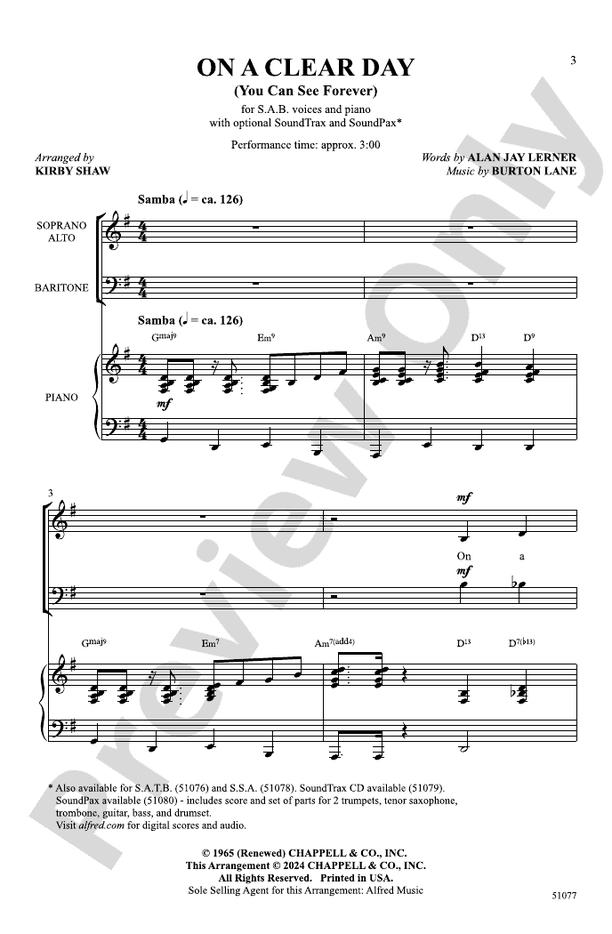 On a Clear Day: SAB Choral Octavo: Burton Lane - Digital Sheet Music ...