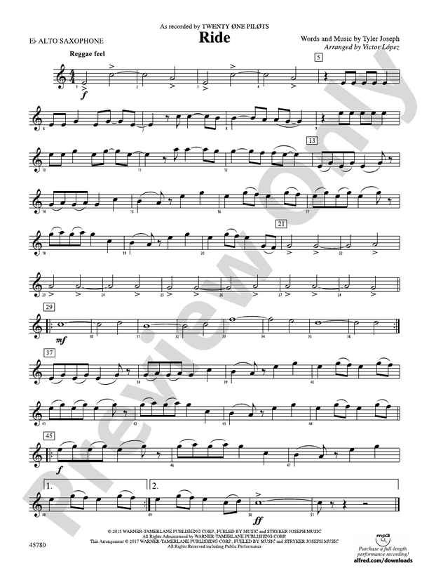 Ride Eflat Alto Saxophone Eflat Alto Saxophone Part Digital Sheet