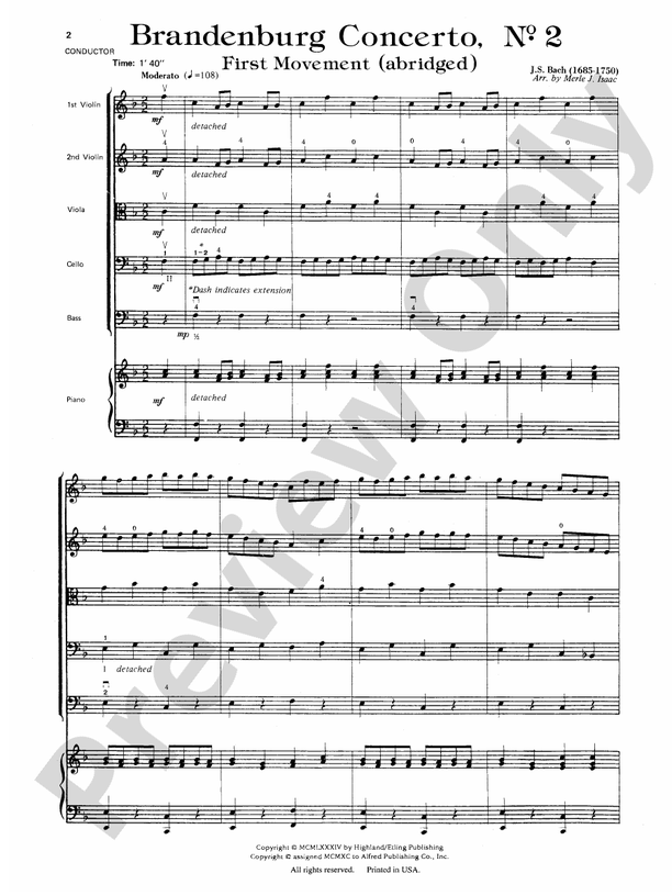 Brandenburg Concerto No. 2: Score: String Orchestra Score 