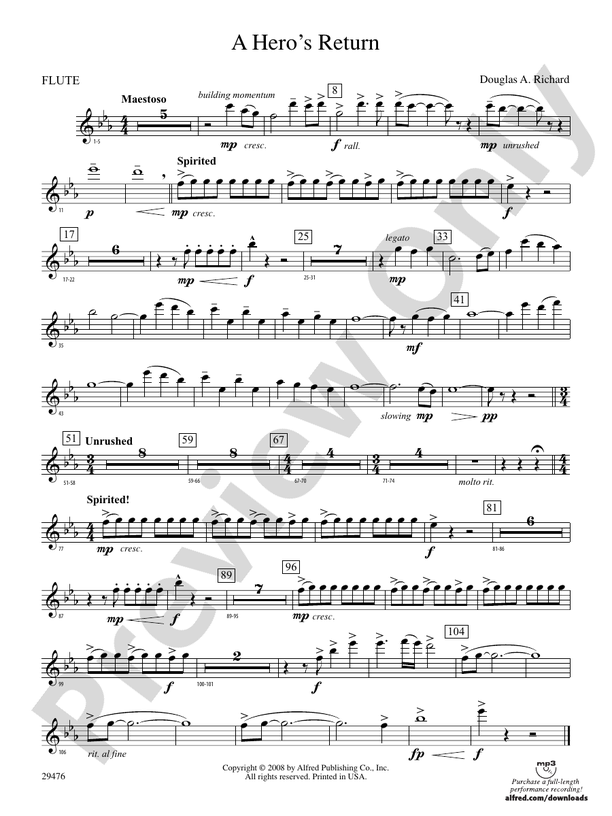 A Hero's Return Flute Flute Part Digital Sheet Music Download