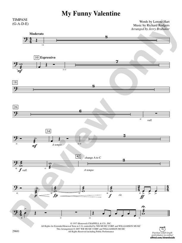 My Funny Valentine Timpani Timpani Part Digital Sheet Music Download