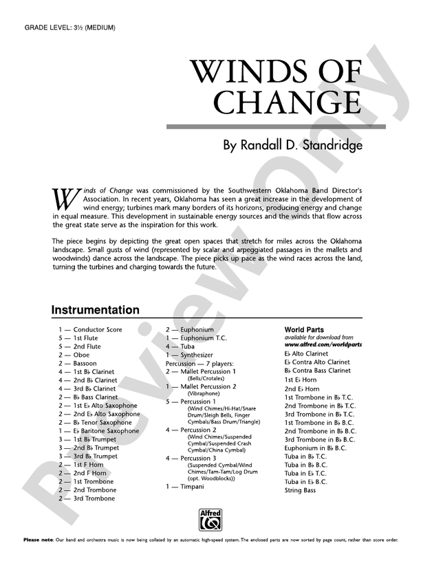Winds of Change Concert Band Conductor Score & Parts Randall D