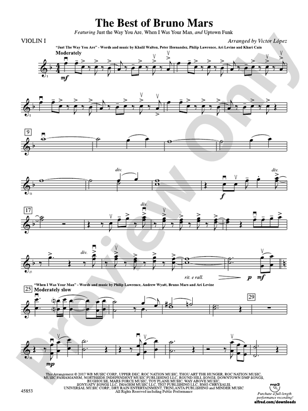 The Best of Bruno Mars 1st Violin 1st Violin Part Digital Sheet