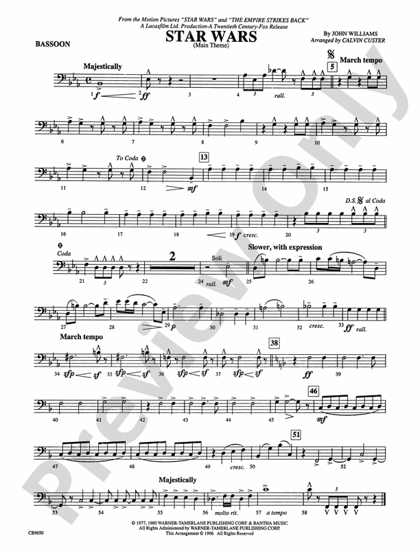 Star Wars Main Theme Bassoon Bassoon Part Digital Sheet Music Download