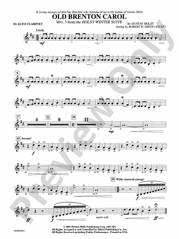 Old Brenton Carol From The Holst Winter Suite E Flat Alto Clarinet