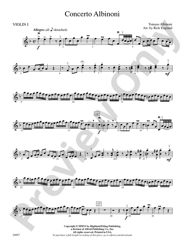 Concerto Albinoni 1st Violin 1st Violin Part Digital Sheet Music Download 1108