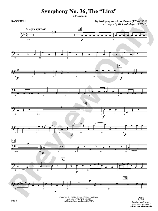 Symphony No. 36, The "Linz" Bassoon Bassoon Part Digital Sheet